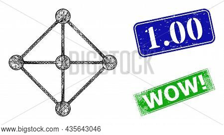 Triangular Rhombus Grid Nodes Image, And 1.00 Blue And Green Rectangle Dirty Seals. Polygonal Carcas