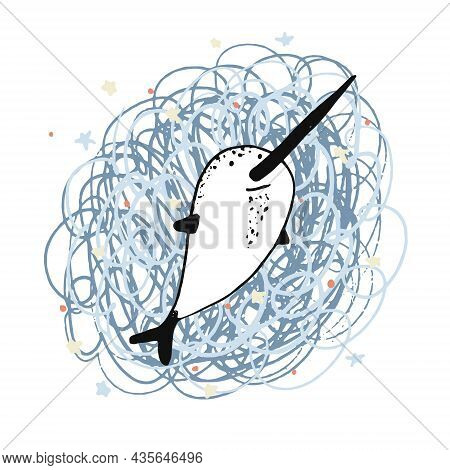 Cute Sketch Hand Drawn Color Pencil Cheerful Narwhal Illustration. Bright Cartoon Childish Water Ani