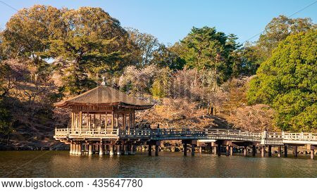 Ukimi-do Hall Above The Pond In Nara Park During Sakura Blossoms. Temple Japan