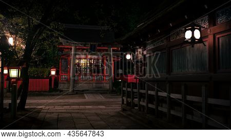 Illuminated Path At Night From Red Lanterns Leading Yasaka Shrine. Gion Temple