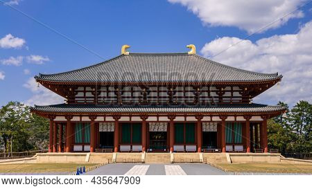 Famous Kohfukuji Temple With Cloudy Blue Sky At Nara. Chukondo Pagoda Roof Tiles
