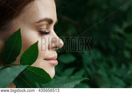 Portrait Of A Woman Skin Care Bare Shoulders Green Leaves Nature Close-up