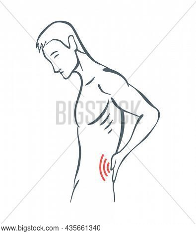 Body part pain. Man feels pain in back of body marked with red lines. foci of pain or trauma symbols, grey art line illustration