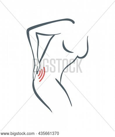 Body part pain. Woman feels pain in back marked with red lines. foci of pain or trauma symbols, grey art line illustration