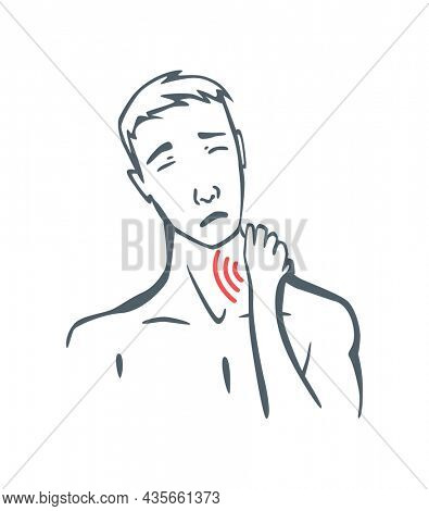 Body part pain. Man feels pain in neck marked with red lines. foci of pain or trauma symbols, grey art line illustration