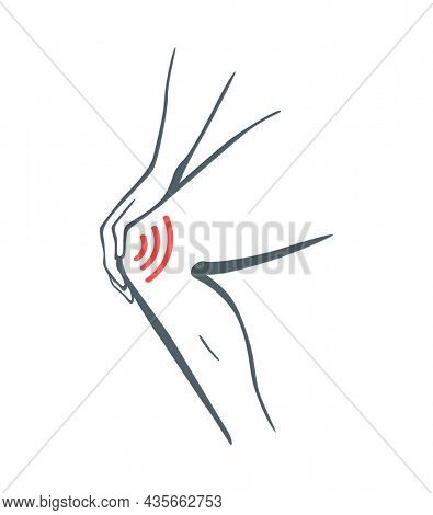Body part pain. Man feels pain in leg or knee marked with red lines. foci of pain or trauma symbols, grey art line illustration