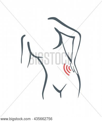 Body part pain. Woman feels pain in back marked with red lines. foci of pain or trauma symbols, grey art line illustration