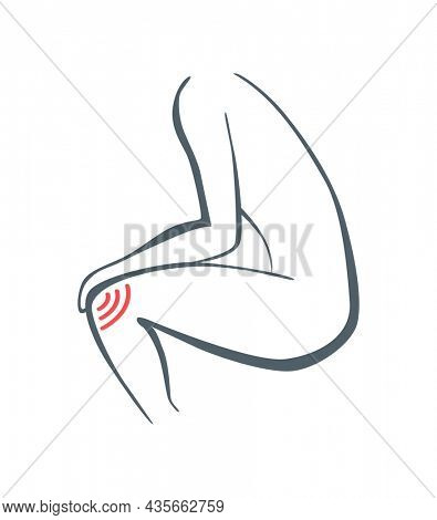 Body part pain. Man or woman feels pain in leg or knee marked with red lines. foci of pain or trauma symbols, grey art line illustration