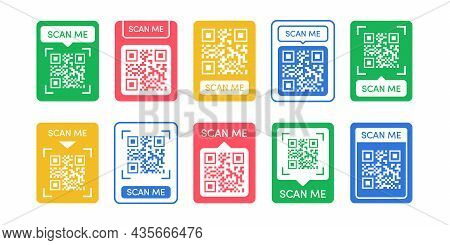 Qr Code Vector Template Set Color Style. Scan Me Tag. Qr Code Mock Up. Barcode Smartphone Id Icon, M
