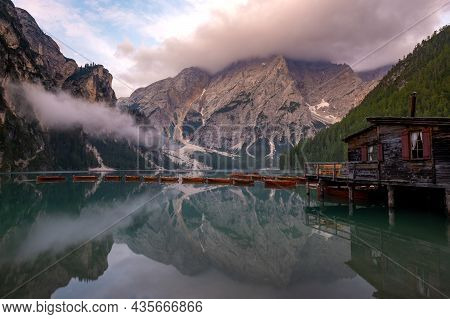 Prager Wildsee, A Spectacular Romantic Place With Typical Wooden Boats On The Alpine Lake, Lago Di B