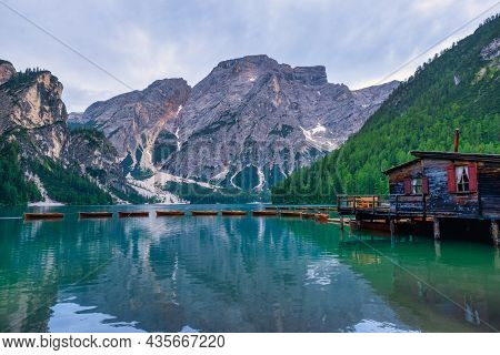 Prager Wildsee, A Spectacular Romantic Place With Typical Wooden Boats On The Alpine Lake, Lago Di B
