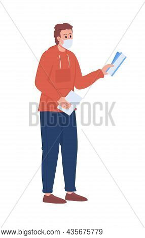 Boarding Passenger In Face Mask Semi Flat Color Vector Character. Male Figure. Full Body Person On W