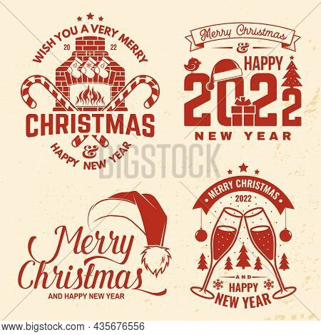 Set Of Merry Christmas And Happy New Year Stamp, Sticker With Glasses Of Champagne, Fireplace With C