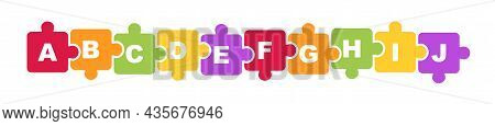Colorful Background Puzzle In Cartoon Style. Jigsaw Puzzle Banner With Letters Abc. Alphabet, Puzzle