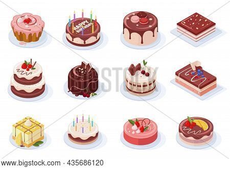 Isometric Birthday Event Tasty Strawberry, Vanilla, Chocolate Cakes. Delicious 3d Frosted Party Cake