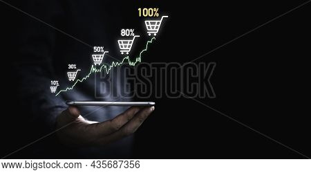Businessman Holding Smartphone Which Display Virtual Graph Chart And Shopping Trolley Cart For  Incr