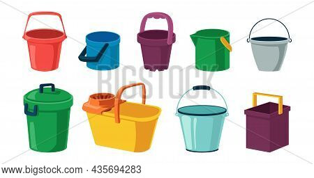 Cartoon Bucket. Plastic And Metal Container With Lid And Handle For Water. Open Or Closed Tanks Coll