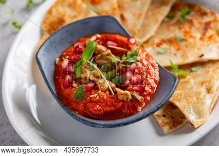 Muhammara, Roasted Bell Pepper Spread, Served With Roti
