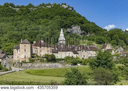 Panoramic View Of Small Village Baume Les Messieurs In French Jura Region With Castle