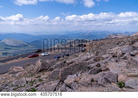 Colorado, Usa - July 29, 2021: Cars Parked Along The Side Of The Road Along Mount Evans, A 14er Moun