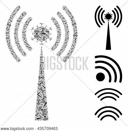 Vector Virus Radio Tower Mosaic Is Composed From Scattered Fractal Virus Radio Tower Items. Fractal 