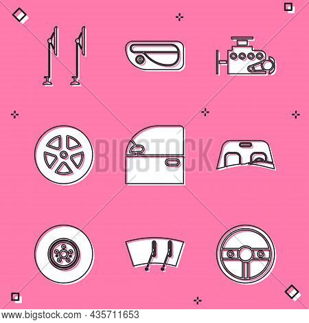 Set Windscreen Wiper, Car Door Handle, Engine, Wheel, Windscreen, Brake Disk And Icon. Vector