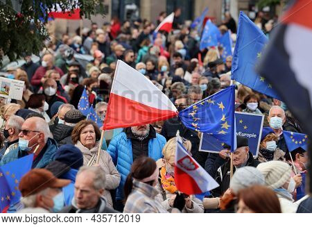 Cracow; Poland - Oct 10; 2021: We Stay; The Government Leaves! People Protest Against The Verdict Of