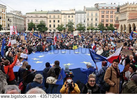 Cracow; Poland - Oct 10; 2021: We Stay; The Government Leaves! People Protest Against The Verdict Of