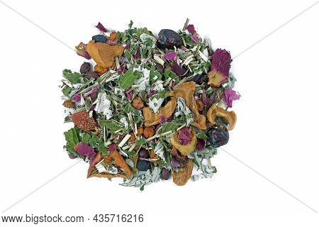 Herbal Tea With Pieces Of Apples And Dried Raspberries On A White Background, Top View. Dry Raspberr