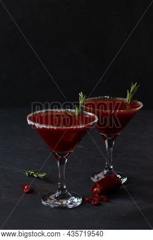 Cocktail On Black.bloody Mary Cocktail. Alcoholic Drink With Vodka And Tomato Juice In A Glass Isola