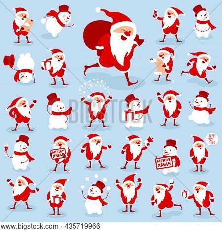 Flat Design Collection Of Christmas Santa Characters. Various Activityes And Poses. New Year Icon Se