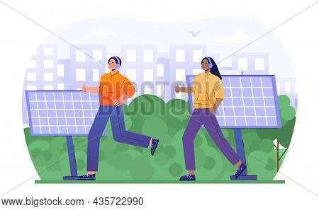 Solar Panel In Park Concept. Man And Woman Run Around Ecological Park. Alternative Energy Sources. G
