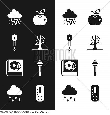Set Bare Tree, Shovel, Storm, Apple, Herbarium, Honey Dipper Stick, Thermometer And Cloud With Rain 