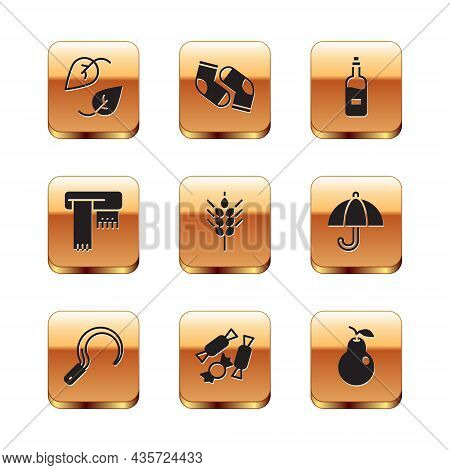 Set Leaf, Sickle, Candy, Wheat, Winter Scarf, Bottle Of Wine, Pear And Socks Icon. Vector