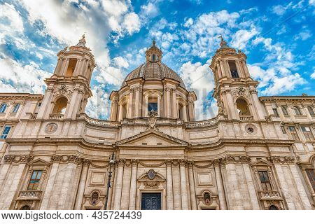 Facade Of Sant'agnese In Agone Church, Iconic Building Located In The Famous Piazza Navona, Rome, It
