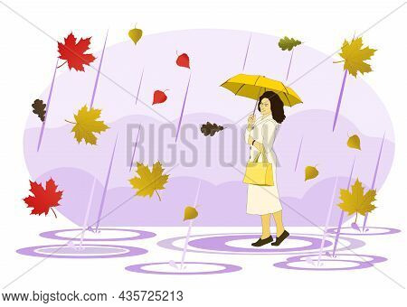 Beautiful Woman With An Umbrella Walking Through The Puddles In The Pouring Rain About Autumn Leaves