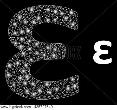 Bright Mesh Vector Epsilon Greek Lowercase Symbol With Glare Effect. White Mesh, Glare Spots On A Bl