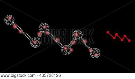 Bright Mesh Vector Down Trend With Glare Effect. White Mesh, Bright Spots On A Black Background With