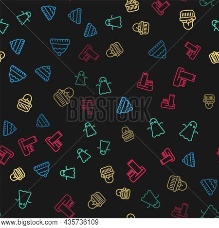 Set Line Winter Hat, Ghost, Basket And Food And Scarf On Seamless Pattern. Vector