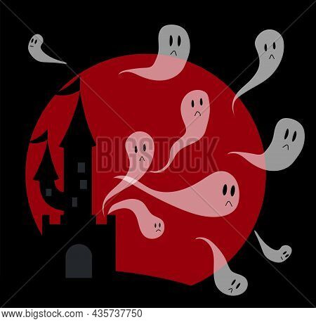 Castle Against The Background Of A Red Moon, Ghosts Fly Out Of The Castle. Vector Stock Illustration