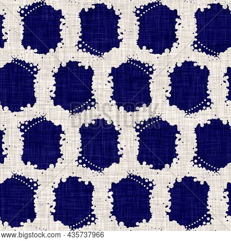 Seamless Indigo Circle Texture. Blue Woven Boro Cotton Dyed Effect Background. Japan Repeat Batik Re