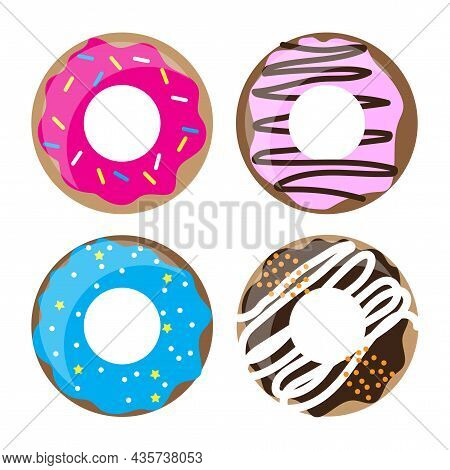 Sweet Donuts. Top View. Sugar Food. Cafe Design. Simple Design. Colorful Picture. Vector Illustratio