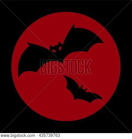 Two Bats On The Background Of The Red Moon. Halloween. Vector Stock Illustration Isolated On Black B
