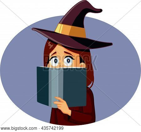 Woman In Witch Costume Reading A Halloween Book Vector Cartoon
