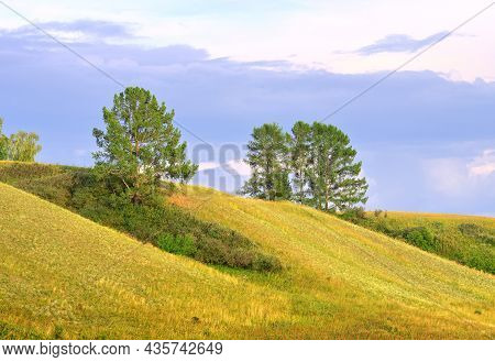 Mountain Valley Under The Evening Cloudy Sky. Altai, Siberia. Russia