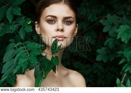 Smiling Woman Cosmetology Nature Green Leaves Glamor Lifestyle