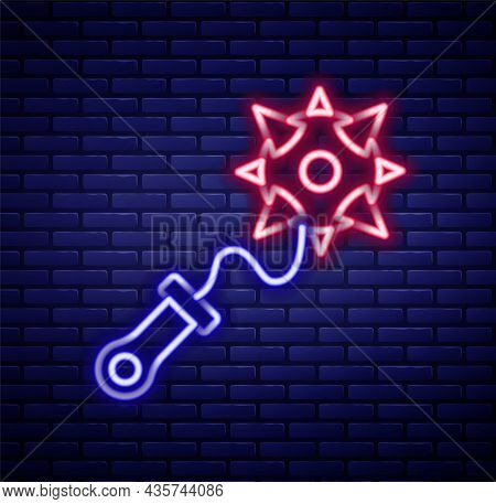 Glowing Neon Line Medieval Chained Mace Ball Icon Isolated On Brick Wall Background. Morgenstern Med