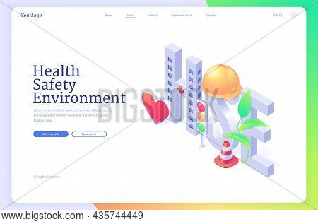 Hse, Health Safety Environment Isometric Landing Page. Working Security Concept With Helmet, Heart, 