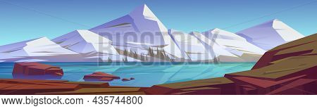 Mountains Pond Or Lake Nature Landscape, Scenery View. White Snowy Rocks Peaks And Calm Clear Water 
