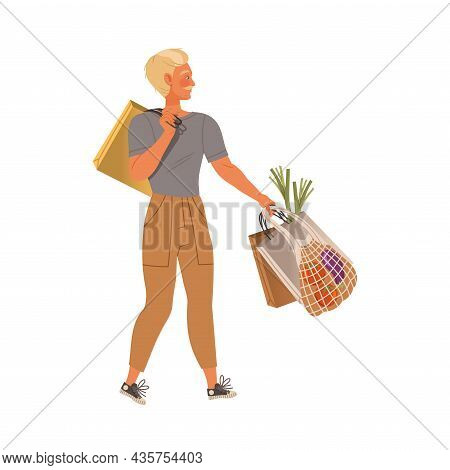 Man Carrying Bags With Grocery Products. Househusband Doing Everyday Routine Cartoon Vector Illustra